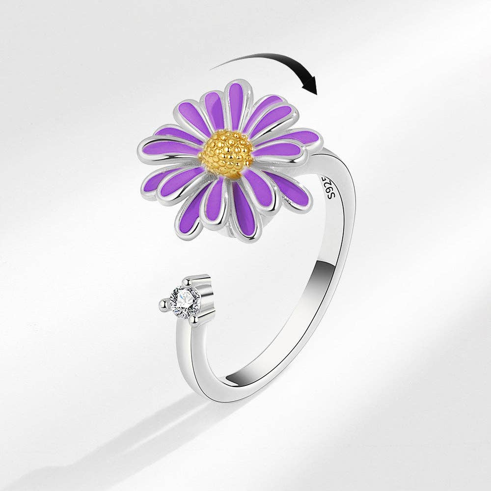 Daisy Flower Anxiety Fidget Spinner Ring in Solid Copper: Silver/Purple