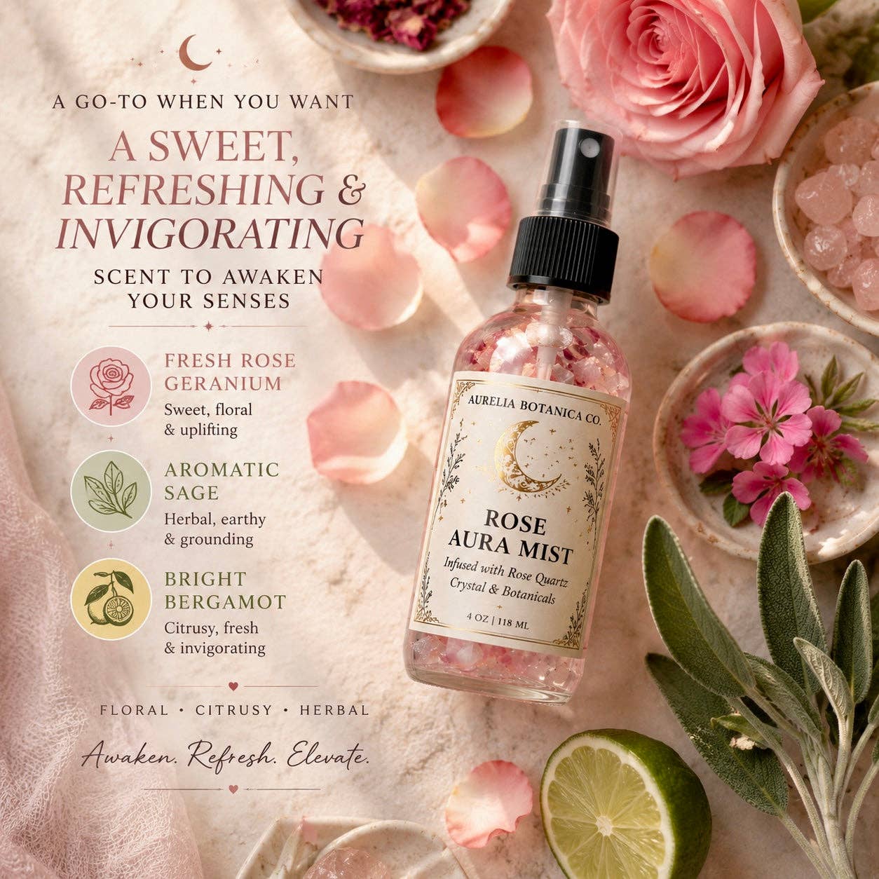 Rose & Sage Moon Water | Crystal Infused Aura Mist for Cleansing, Protection & Heart Healing | Full Moon Ritual Spray | Energy Clearing Botanical Mist: 2 fl oz