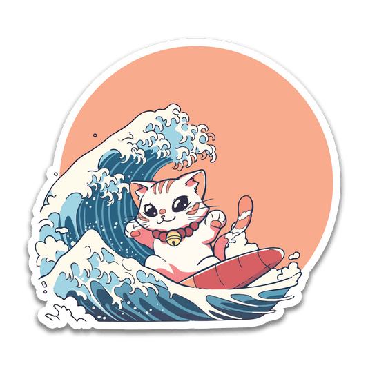 Stickers - S Finn - Cat Surfing on Kanagawa Great Wave - 2.75 x 3 in