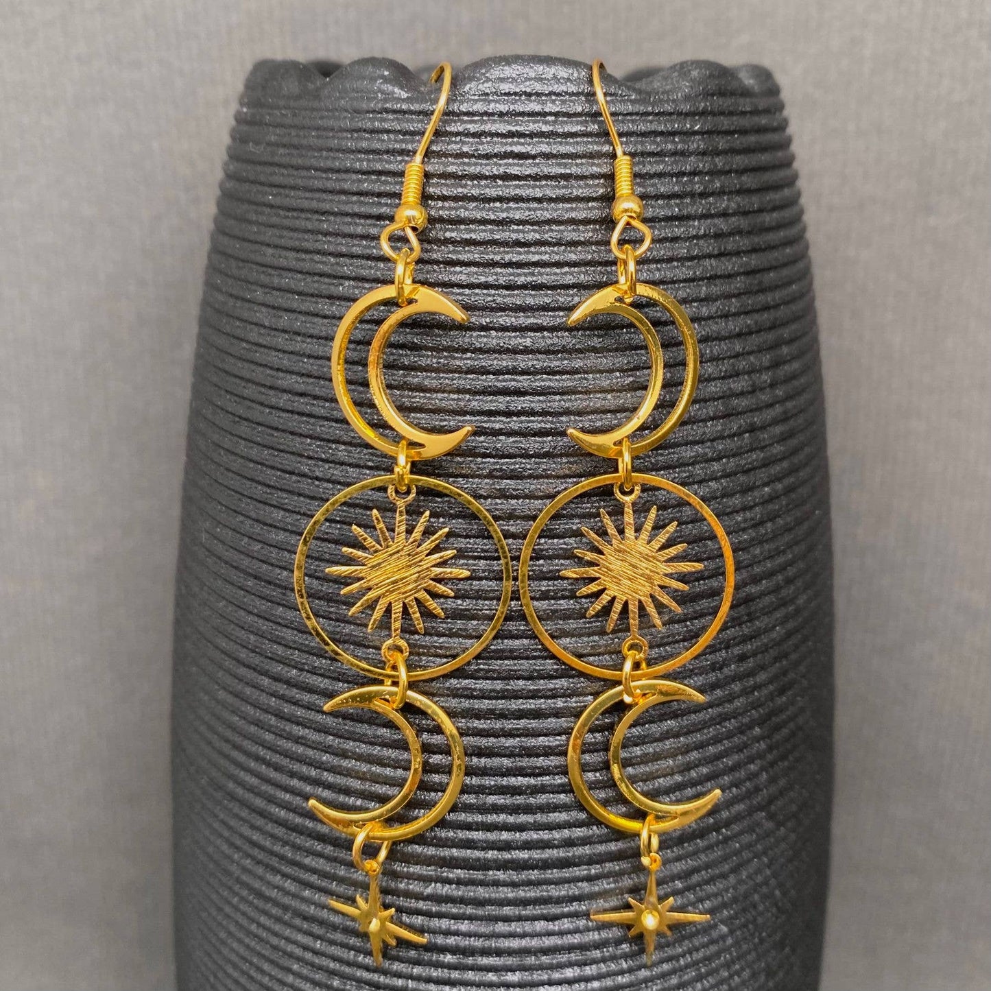 Golden Hollow Moon Star Dangle Earrings - MS
