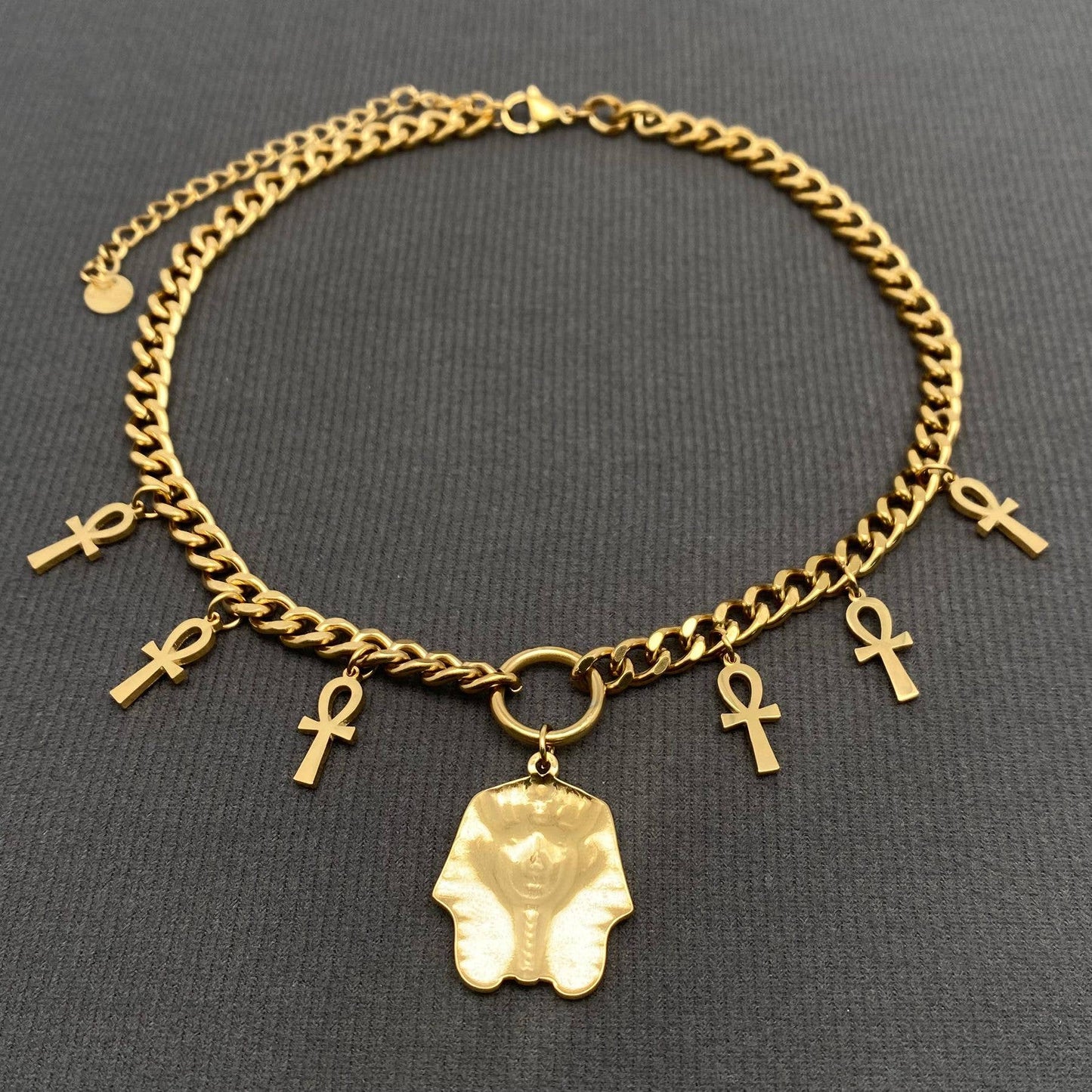 Pharaoh & Ankh Necklace - 18K Gold-Plated Stainless-Steel