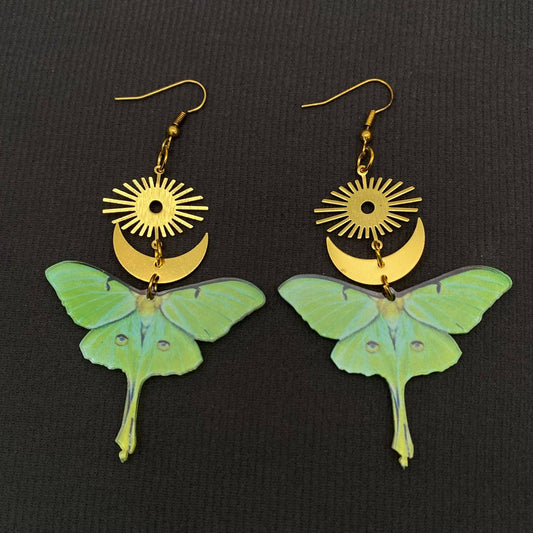 Green Moth & Moon Earrings