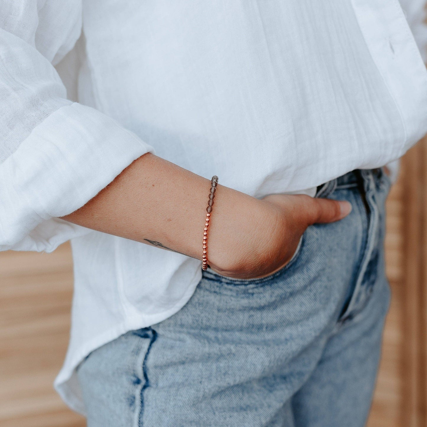 Dainty Faceted Smoky Quartz beads + Solid Copper Bracelet