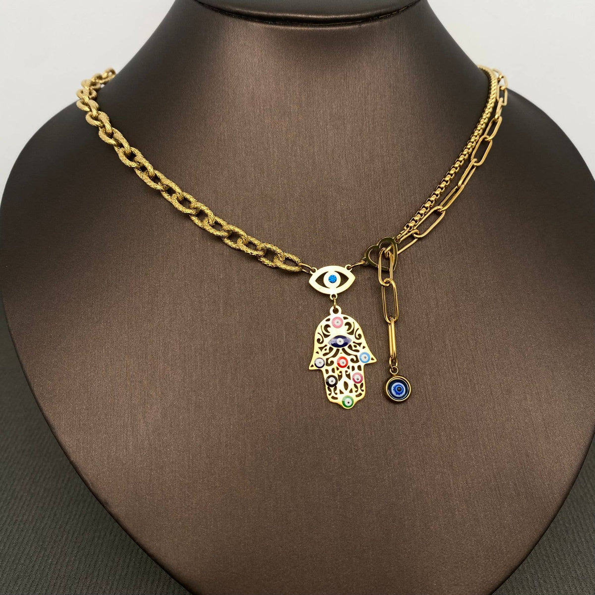Enamel Fatima's Hand 18K Gold Plated S.Steel Necklace - FGS