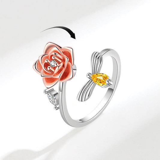 Rose Flower Bee Anxiety Fidget Spinner Ring in Solid Copper