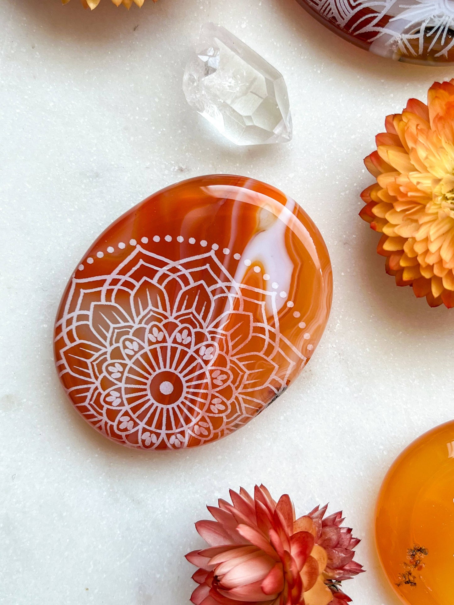 Etched Carnelian Worry Stone Palmstone - Assorted Mandalas