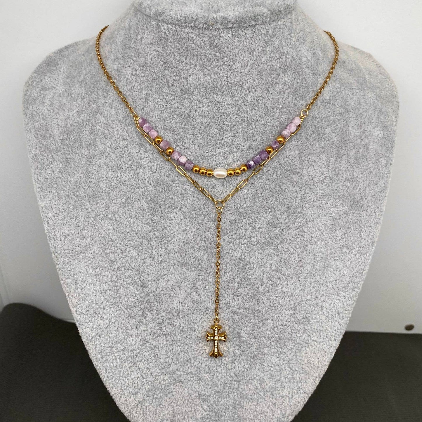 CZ inlaid Cross 18K Gold Plated S.Steel Y-neck Necklace -FGS
