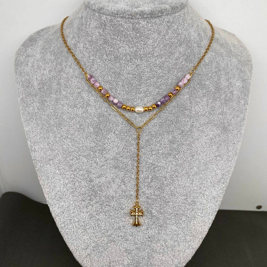 CZ inlaid Cross 18K Gold Plated S.Steel Y-neck Necklace -FGS
