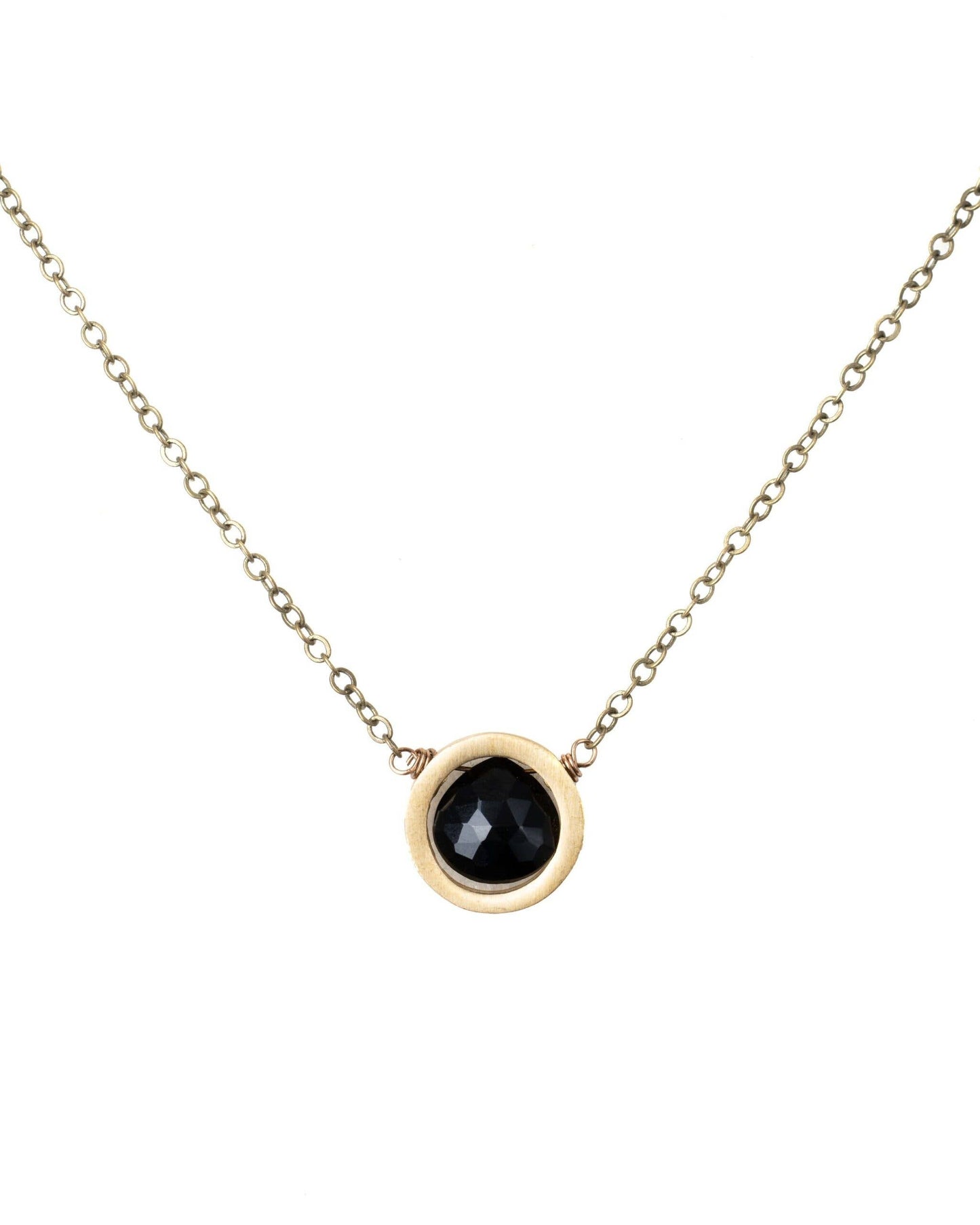 Black Onyx Thick Brushed Brass Circle Necklace