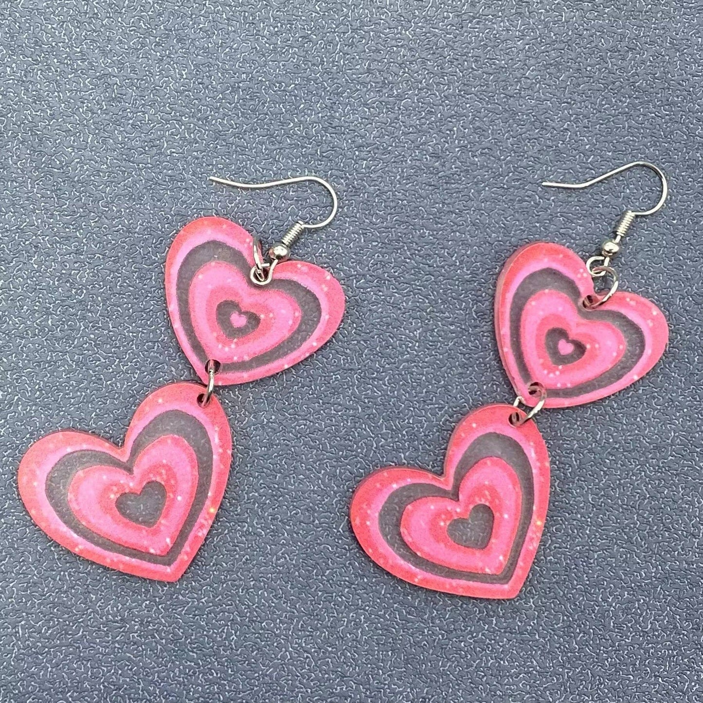 Pink Double Hearts Linked Dangle Earrings
