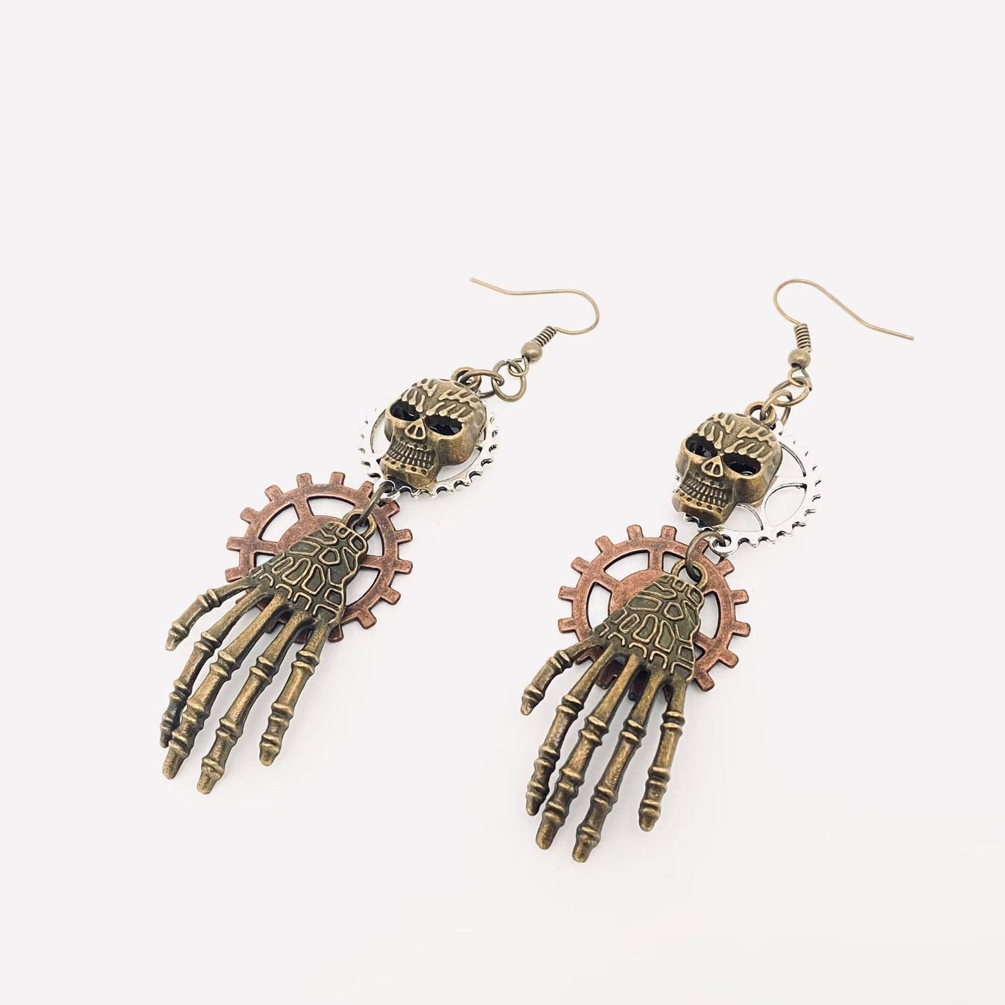 Earrings - Steampunk Style Gear Skeleton Head and Hand Charm