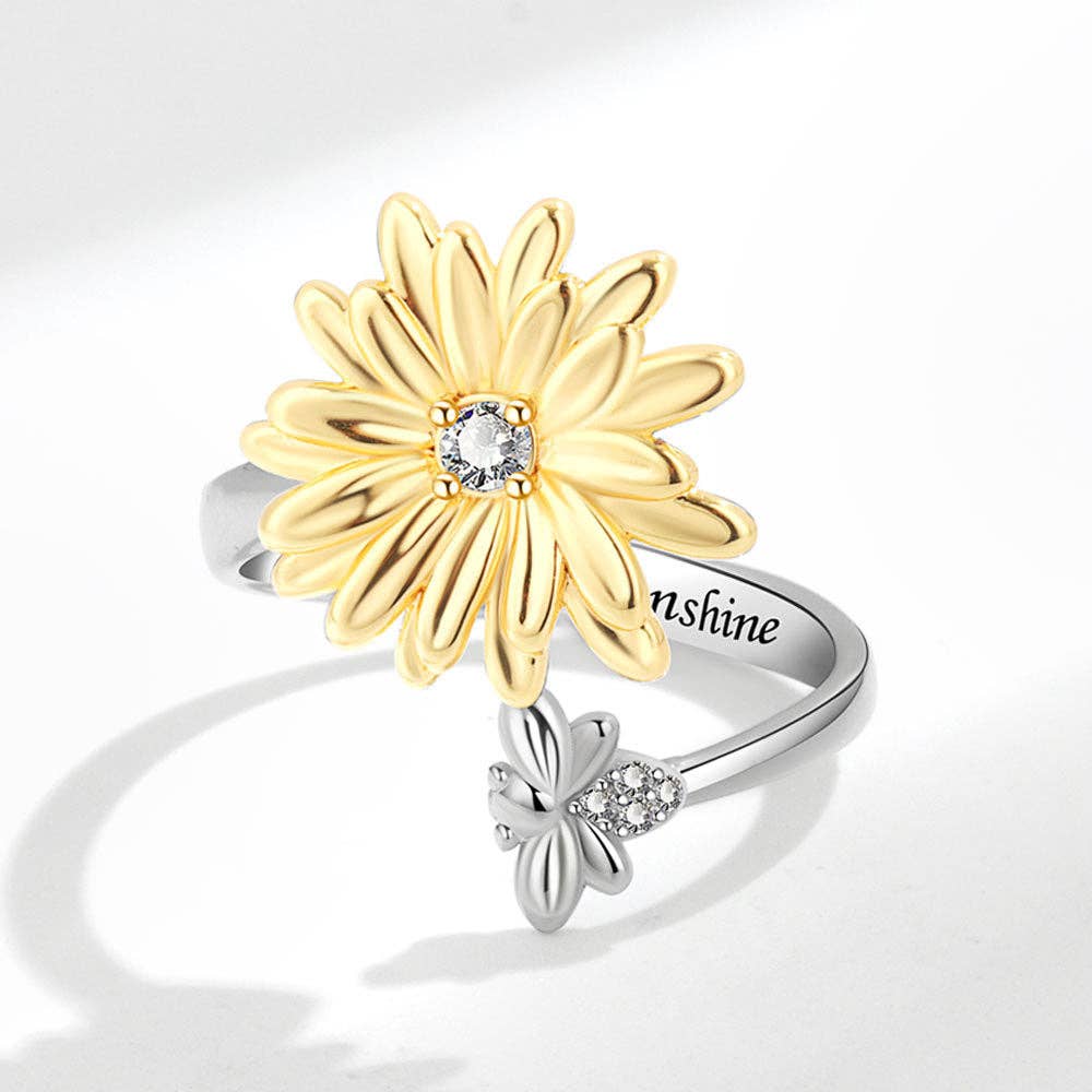 Daisy Flower Bee Anxiety Fidget Spinner Ring in Solid Copper: Silver