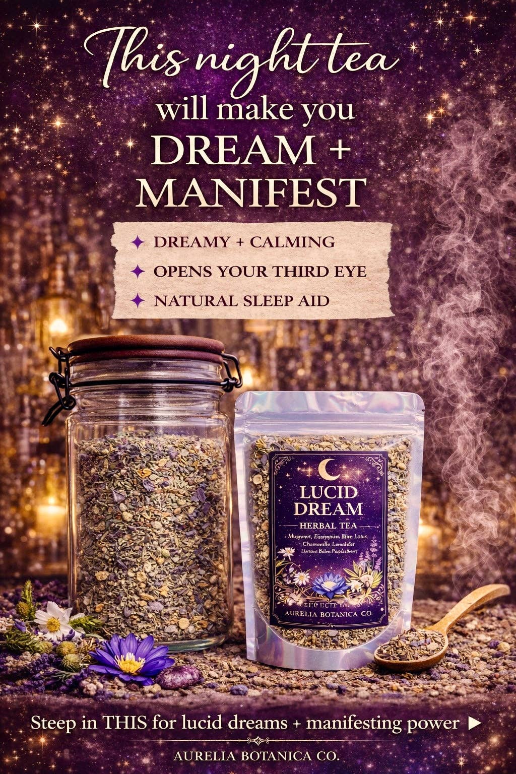 Lucid Dream Herbal Tea | Loose Leaf Ritual Tea | Mugwort | Blue Lotus |  Dreamwork & Mindful Sleep Blend | Ritual Card |: 1 oz Sample Pouch