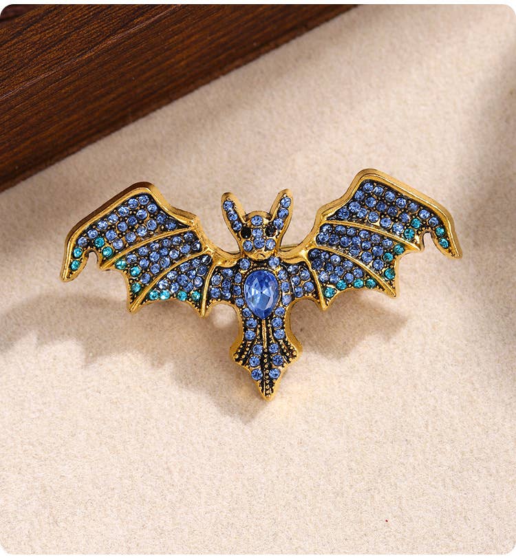 Vintage Rhinestone Devil Bat Brooch: Green