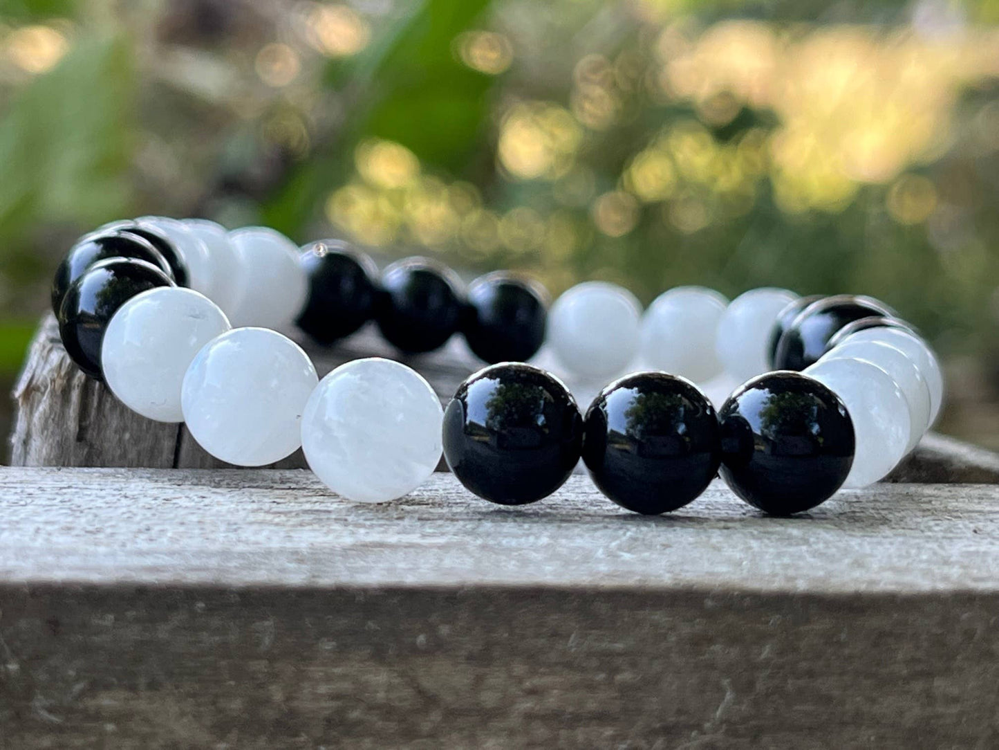 Beaded Bracelet - Black Obsidian & Moonstone - 8mm