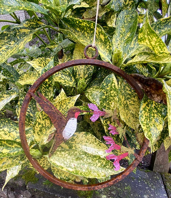 Painted Hummingbird on Salvia Mini Ring - Metal Garden Art