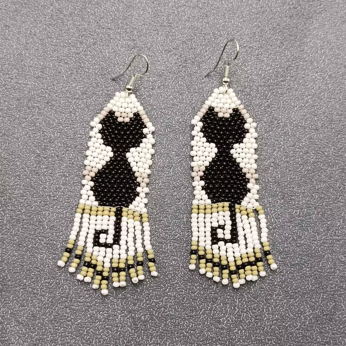 Black Cat Kitten Seed Beads Fringe Earrings - SB