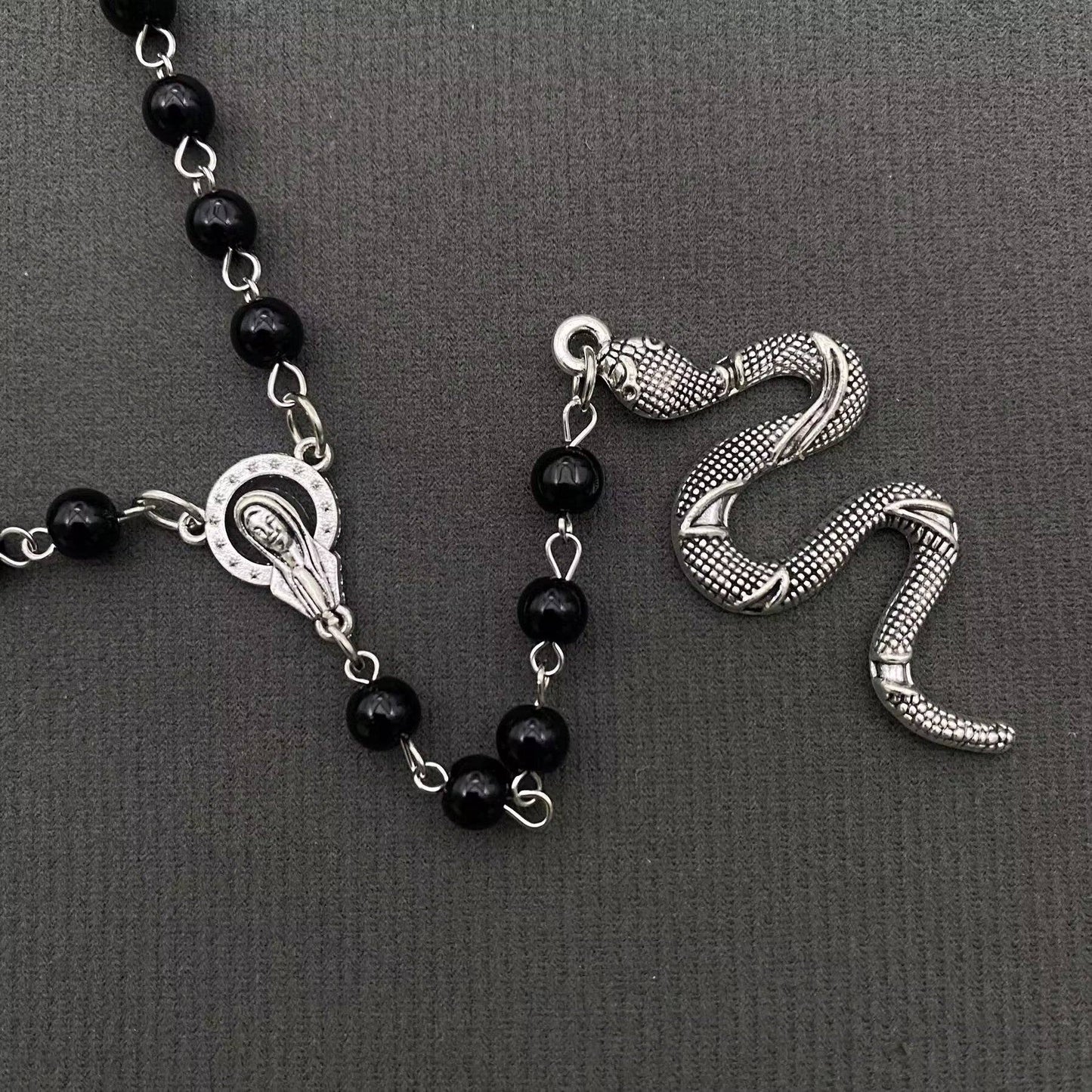 Snake Pendant Black Glass Beaded Y-shaped Necklace