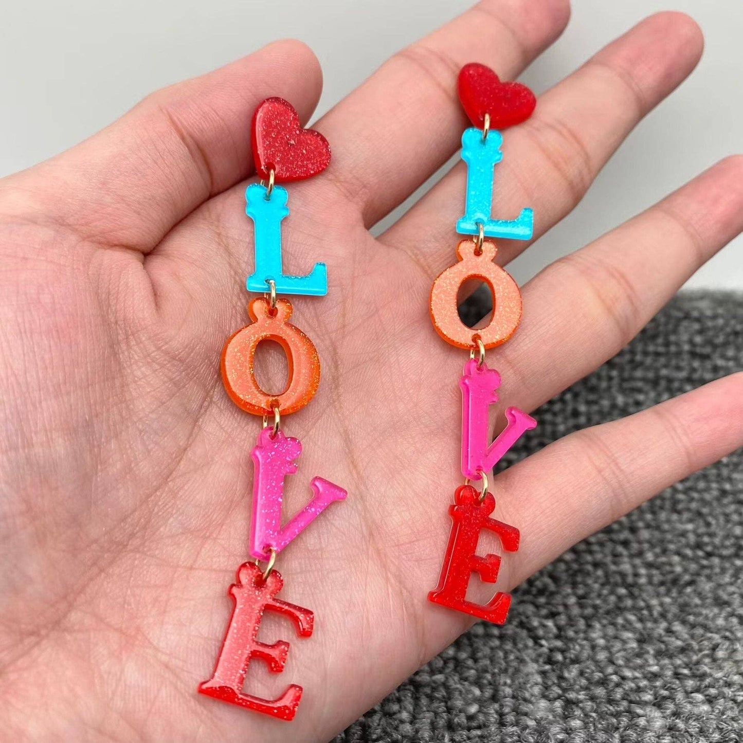 Earrings - Colored Acrylic Love Dangle - Valentine's Day