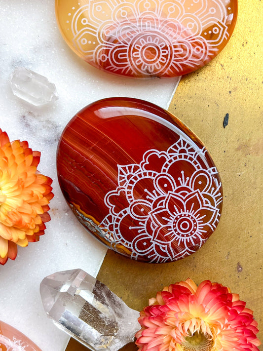 Etched Carnelian Worry Stone Palmstone - Assorted Mandalas