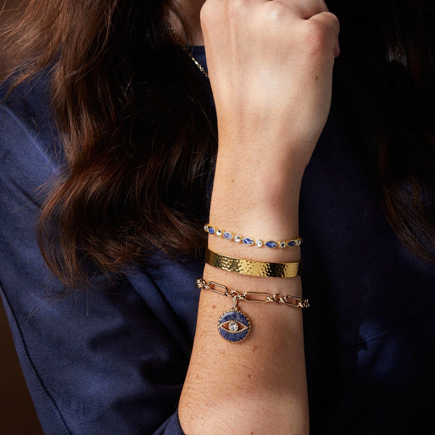 Sodalite Evil Eye Chain Bracelet: Gold