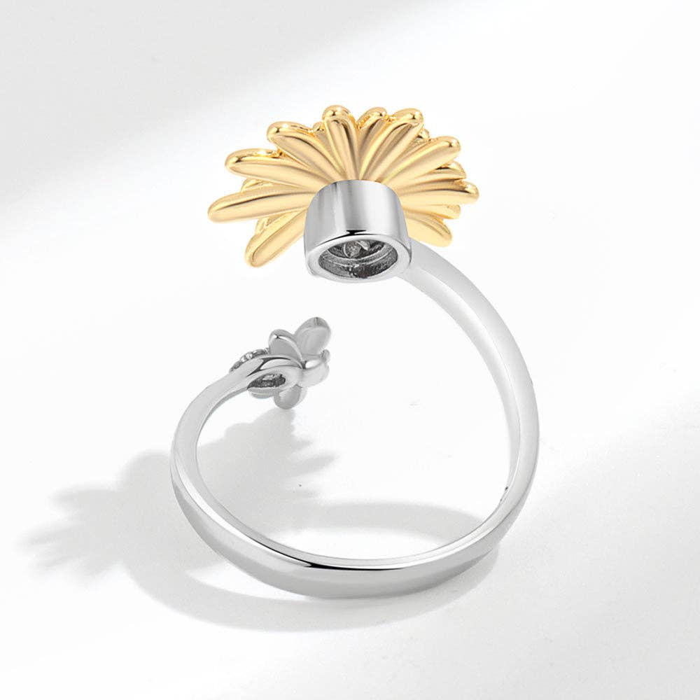 Daisy Flower Bee Anxiety Fidget Spinner Ring in Solid Copper: Silver