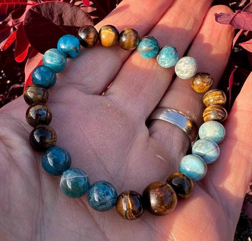 Beaded Bracelet - Apatite & Tiger's Eye Wrist Mala - 8mm