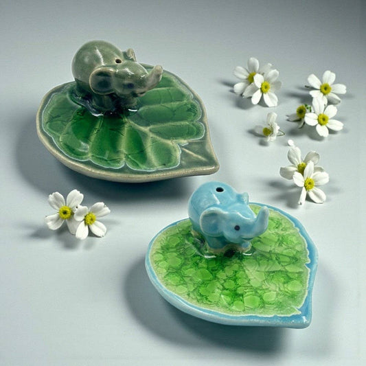 Elephant on Leaf Ceramic Incense Holder - Assorted