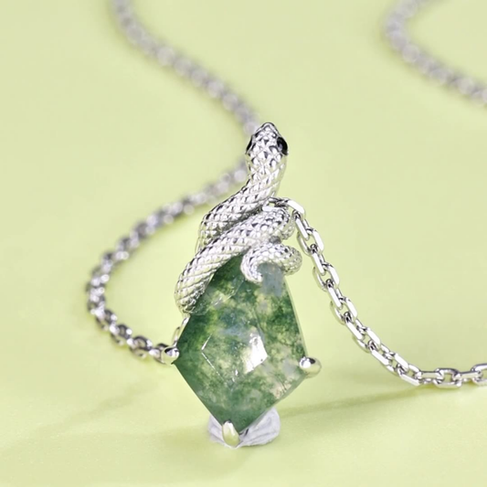 Moss Agate Snake Charm Necklace in 925 Sterling Silver with Chain