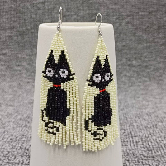 Black Cat Fringe - Seed Bead Earrings