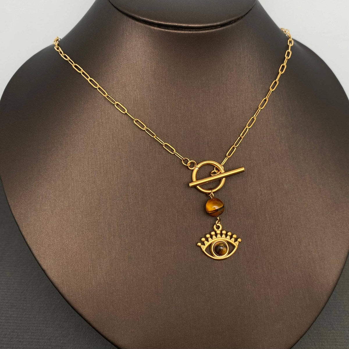Stone Inlaid Eye Charm 18K Gold Plated S.Steel Necklace -FGS