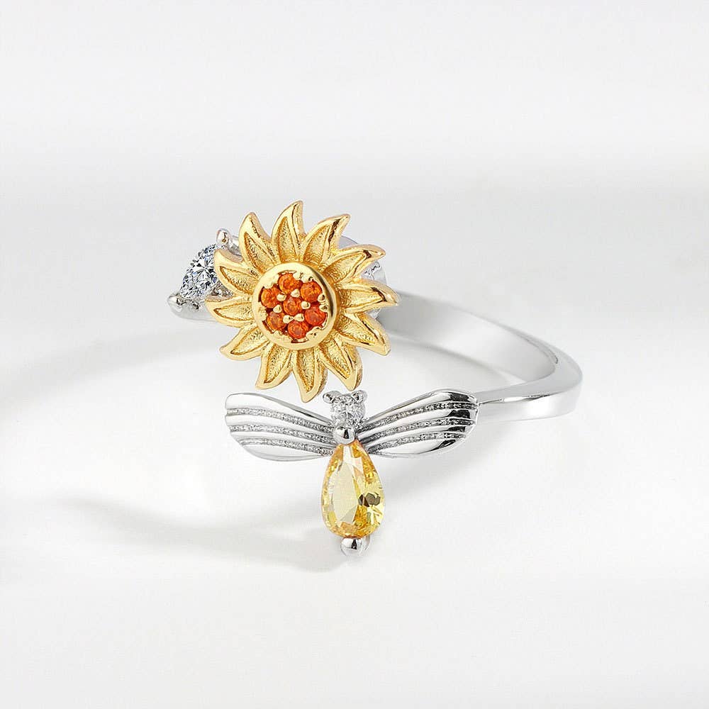 Sunflower Anxiety Fidget Spinner Ring in 925 Sterling Silver: Solid Copper
