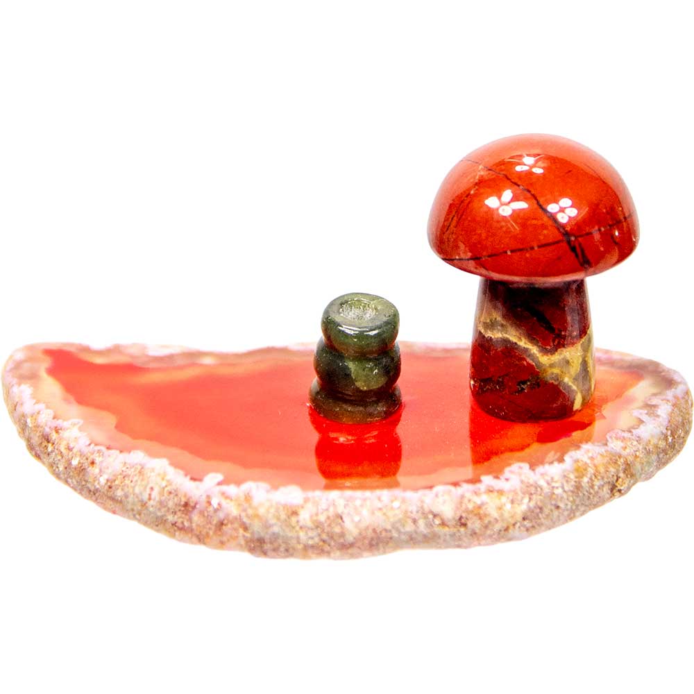 Agate Slice Incense Holder w/ Gemstone Mushroom - Asstd: Agate