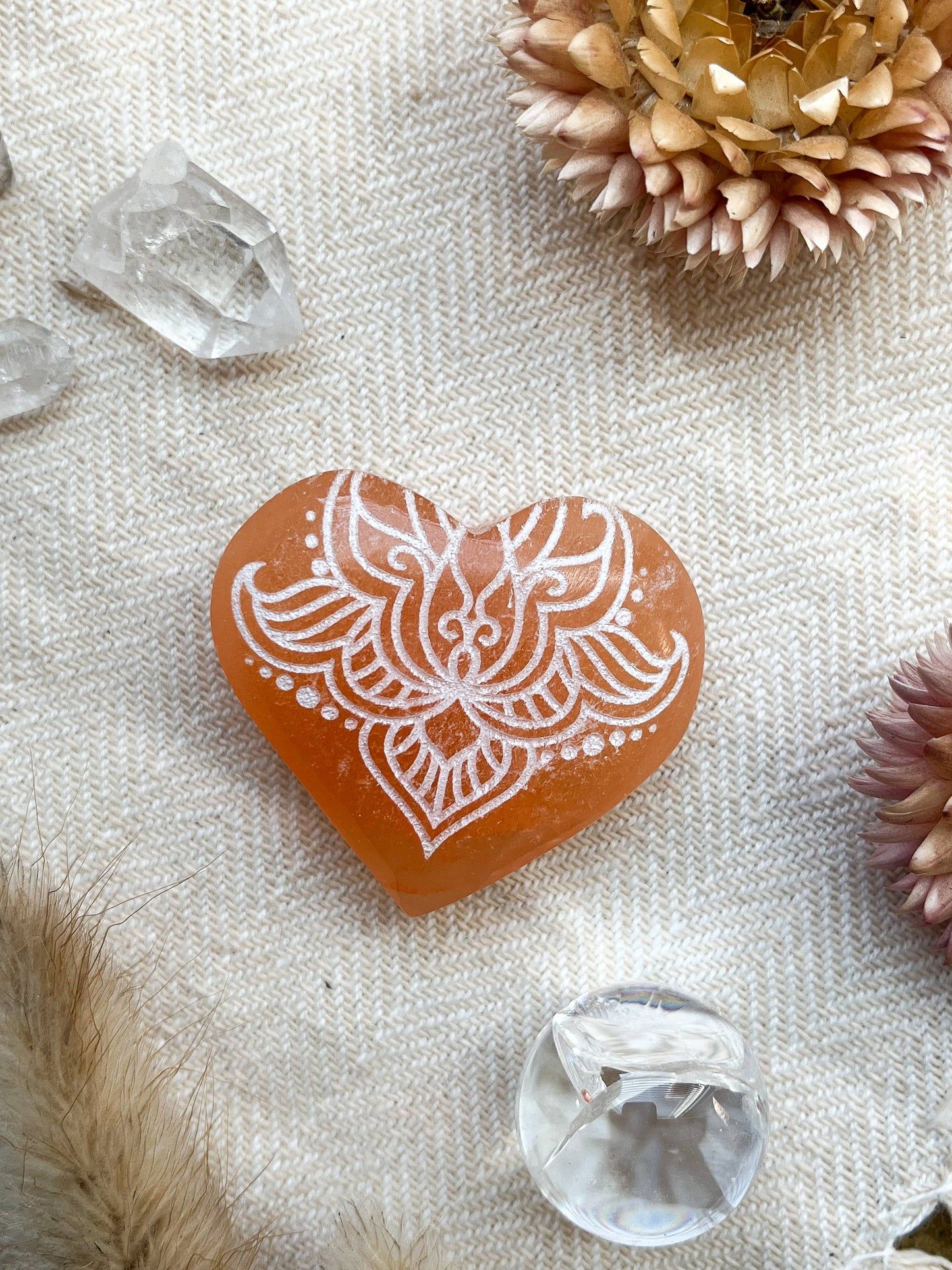 Peach Selenite - Engraved Heart Small (~2") / Om Mandala