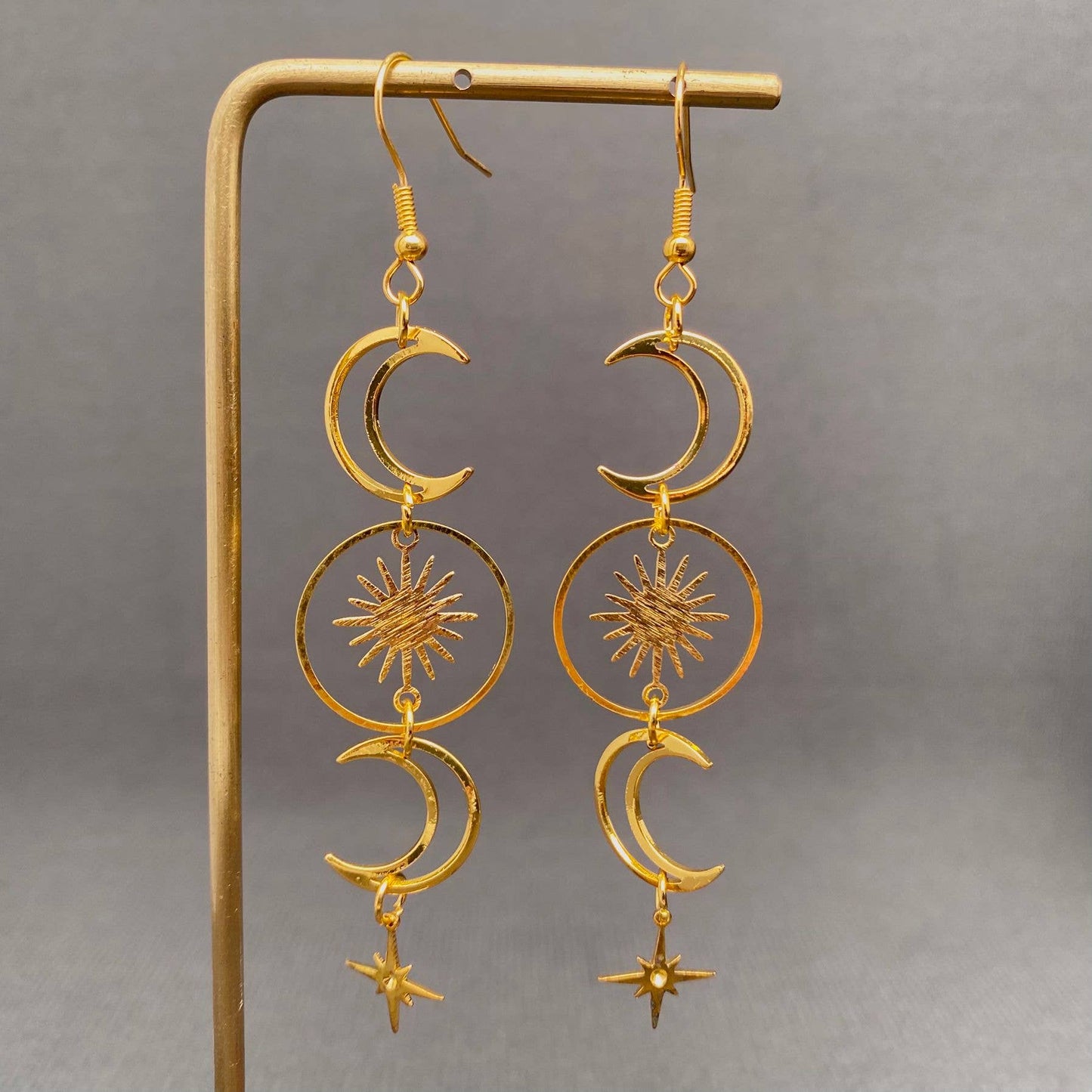 Golden Hollow Moon Star Dangle Earrings - MS