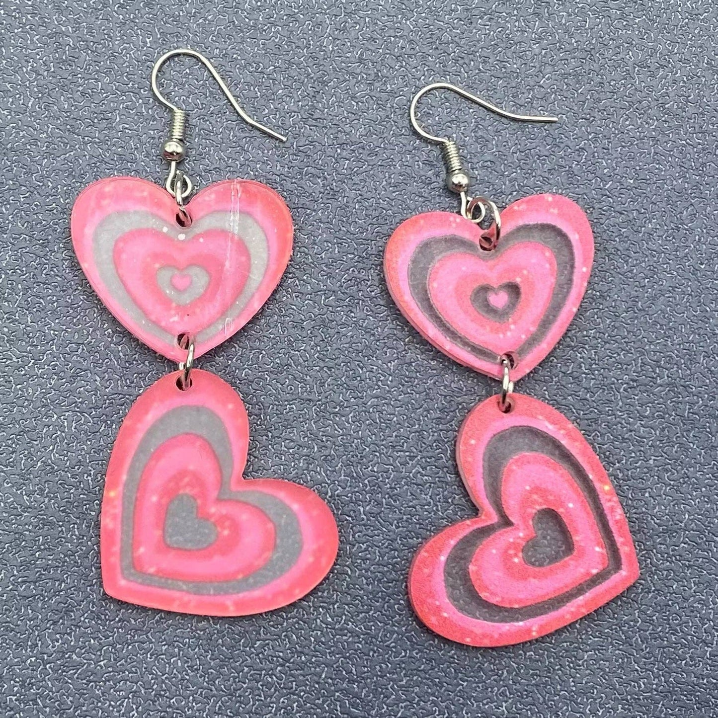 Pink Double Hearts Linked Dangle Earrings