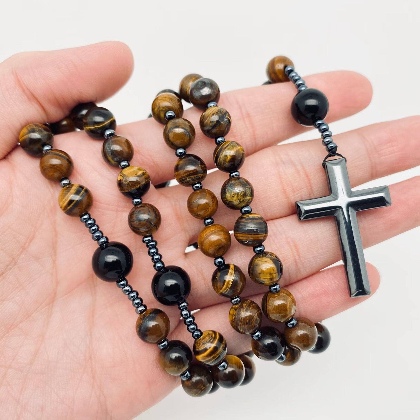 Tigers Eye & Black Agate Beaded Cross Pendant Necklace