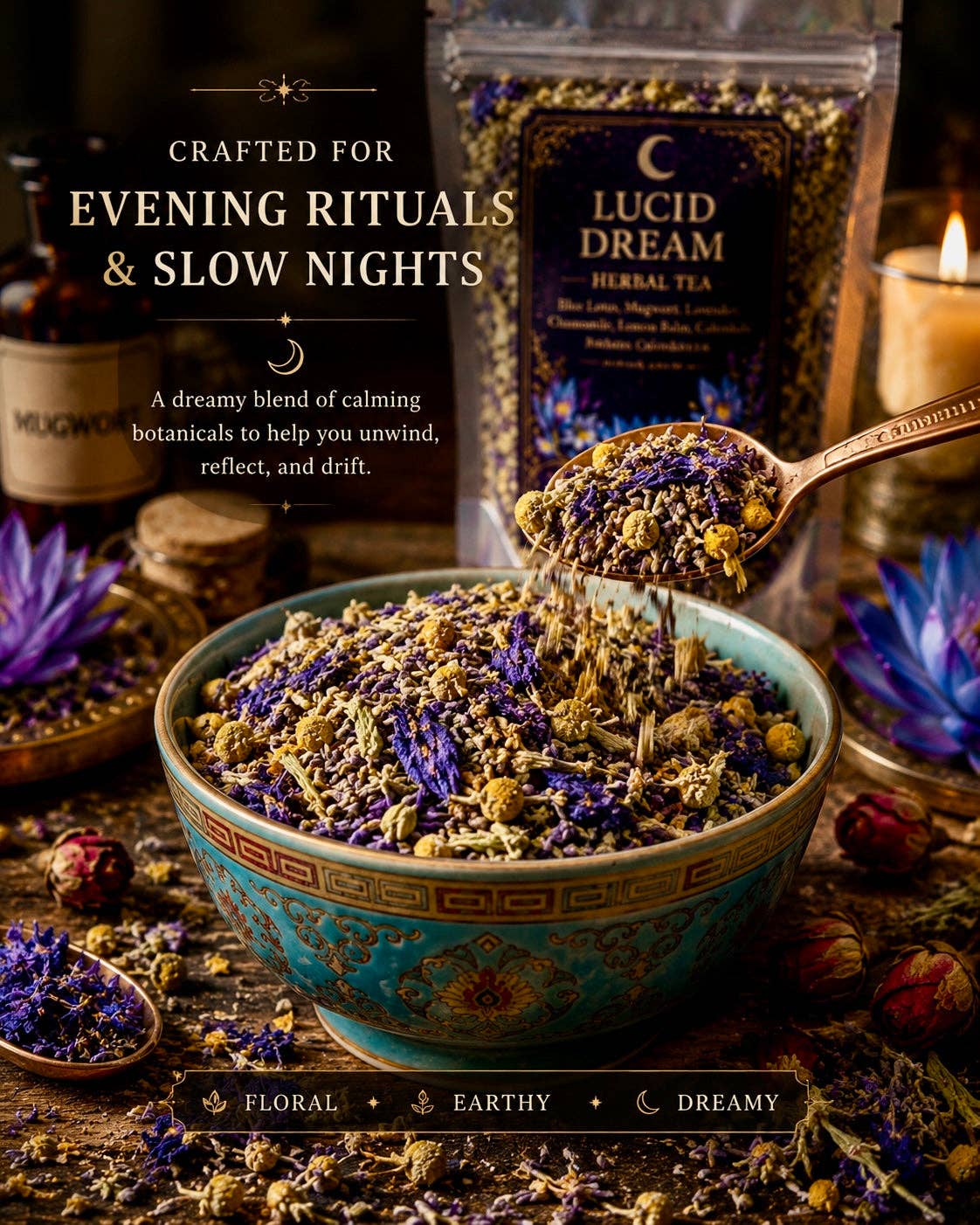Lucid Dream Herbal Tea | Loose Leaf Ritual Tea | Mugwort | Blue Lotus |  Dreamwork & Mindful Sleep Blend | Ritual Card |: 1 oz Sample Pouch