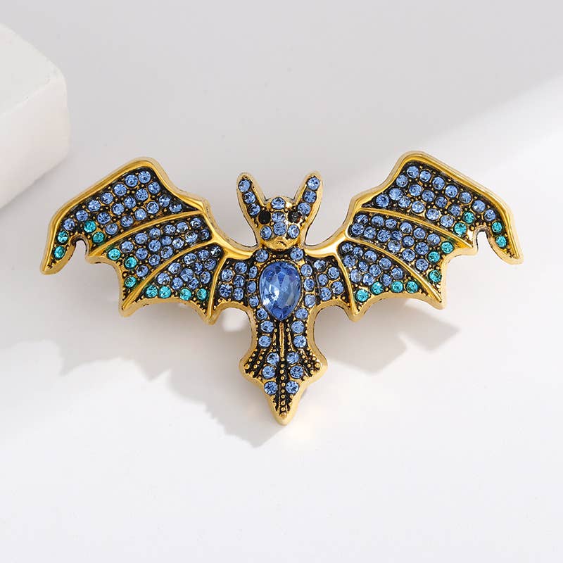 Vintage Rhinestone Devil Bat Brooch: Blue