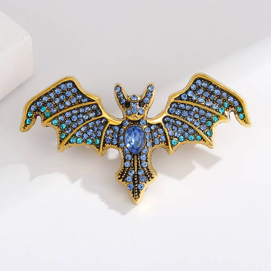 Vintage Rhinestone Devil Bat Brooch: Blue