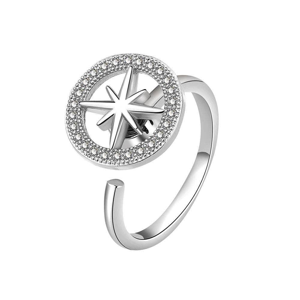 Silver Star (Compass) Anxiety Fidget Spinner Ring in Solid Copper: Silver