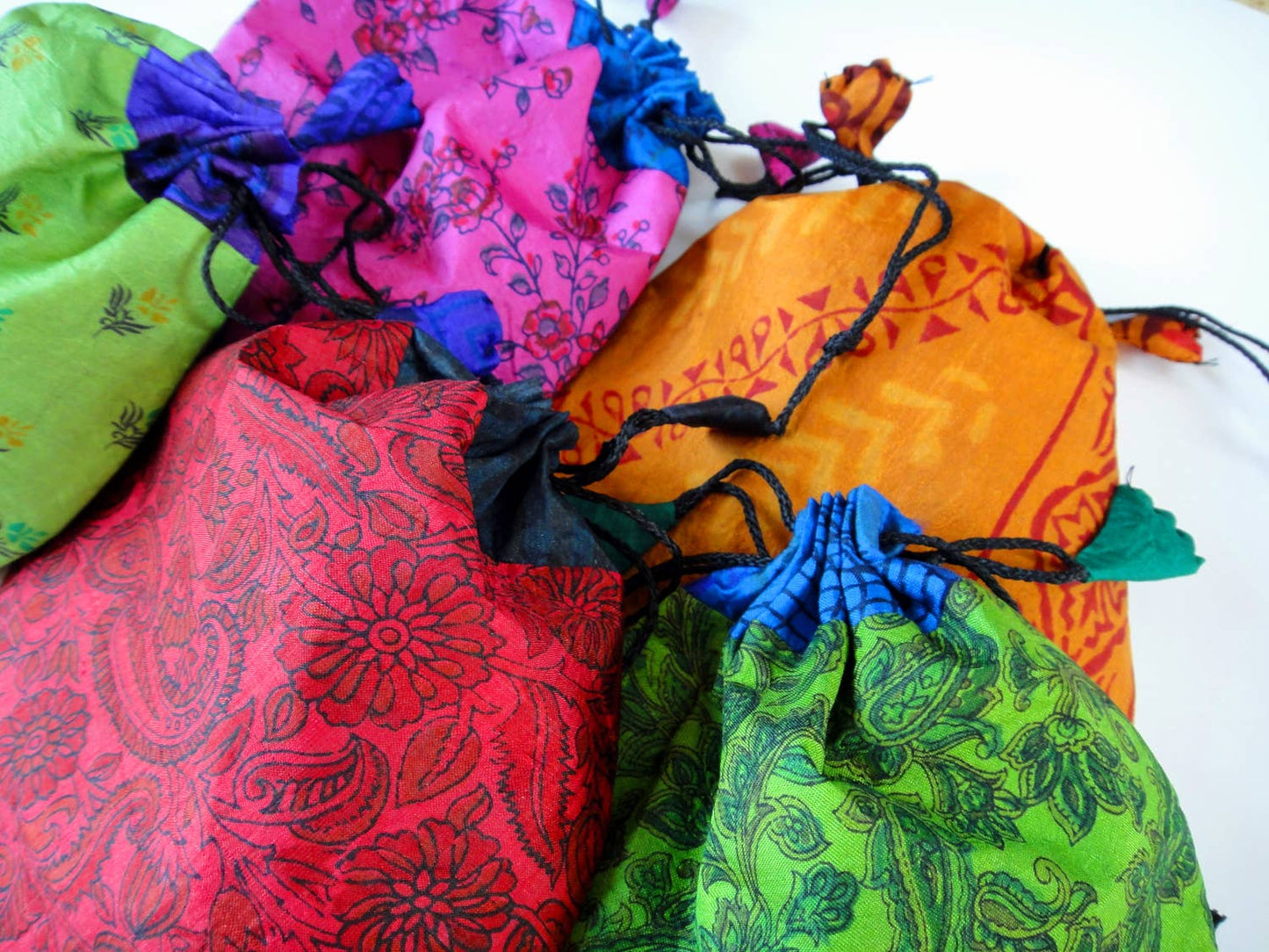 Silk Sari Drawstring or Cotton Pouches - Small or XS