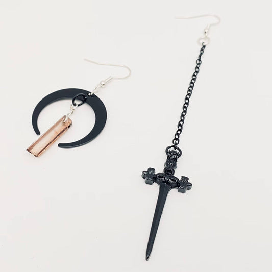 Earrings - Gothic Black Moon Dagger Crystal Asymmetric