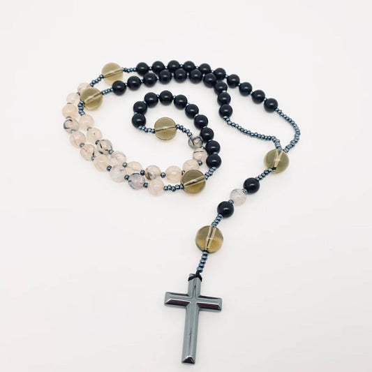 Cross Pendant - Rosary Like - Black Agate & Dragon Grain Stone