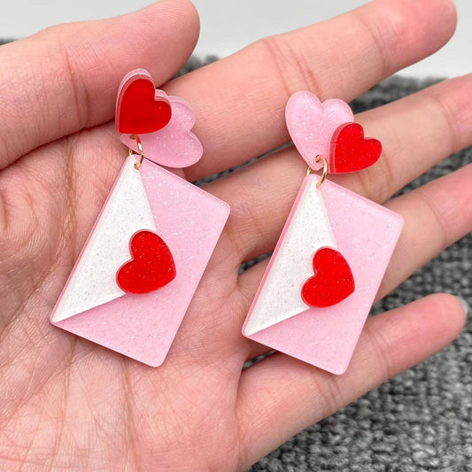 Earrings - Acrylic Pink Heart Envelope - Valentine's Day