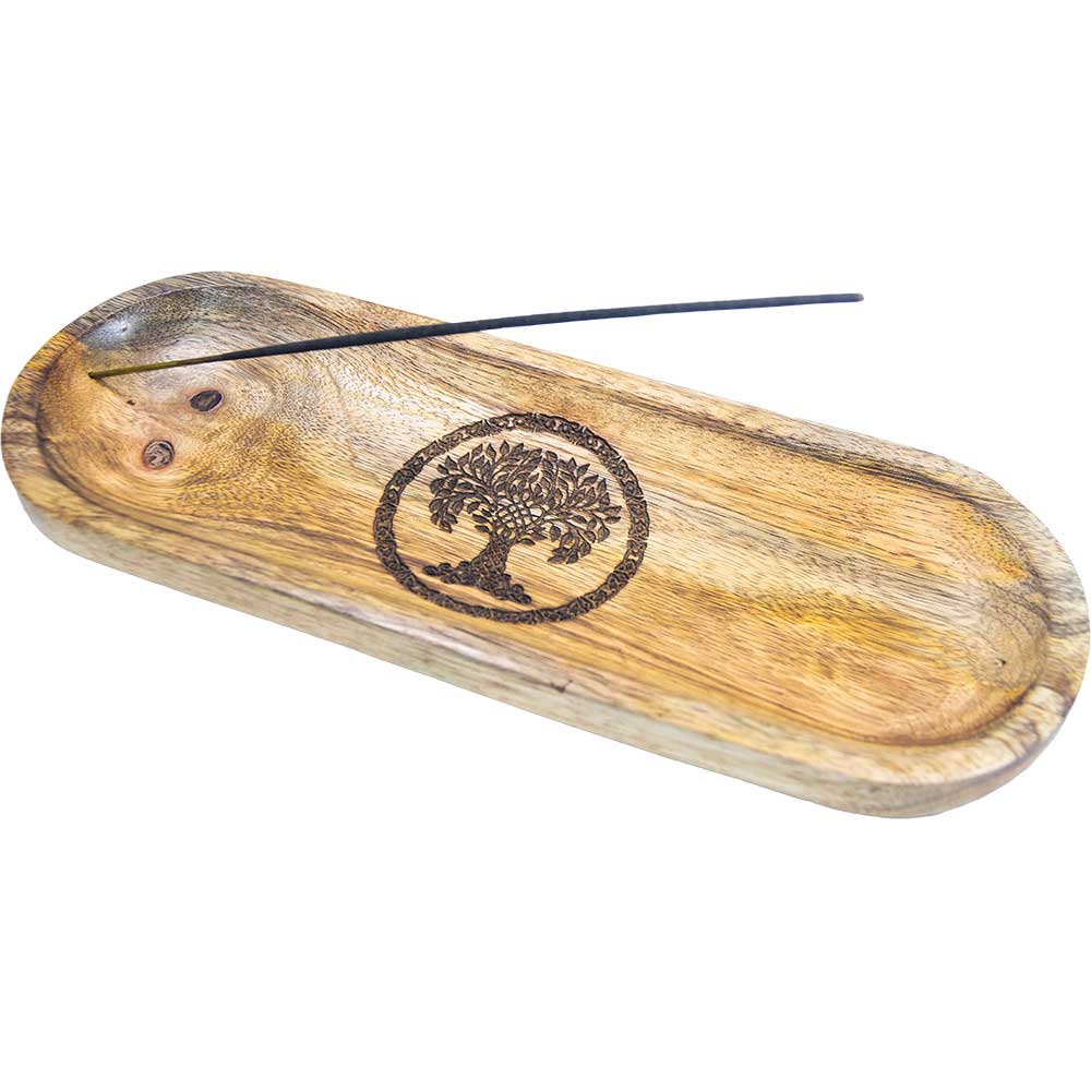 Mango Wood Oval Incense Holder Laser Engraved - Tree of Life: Beige