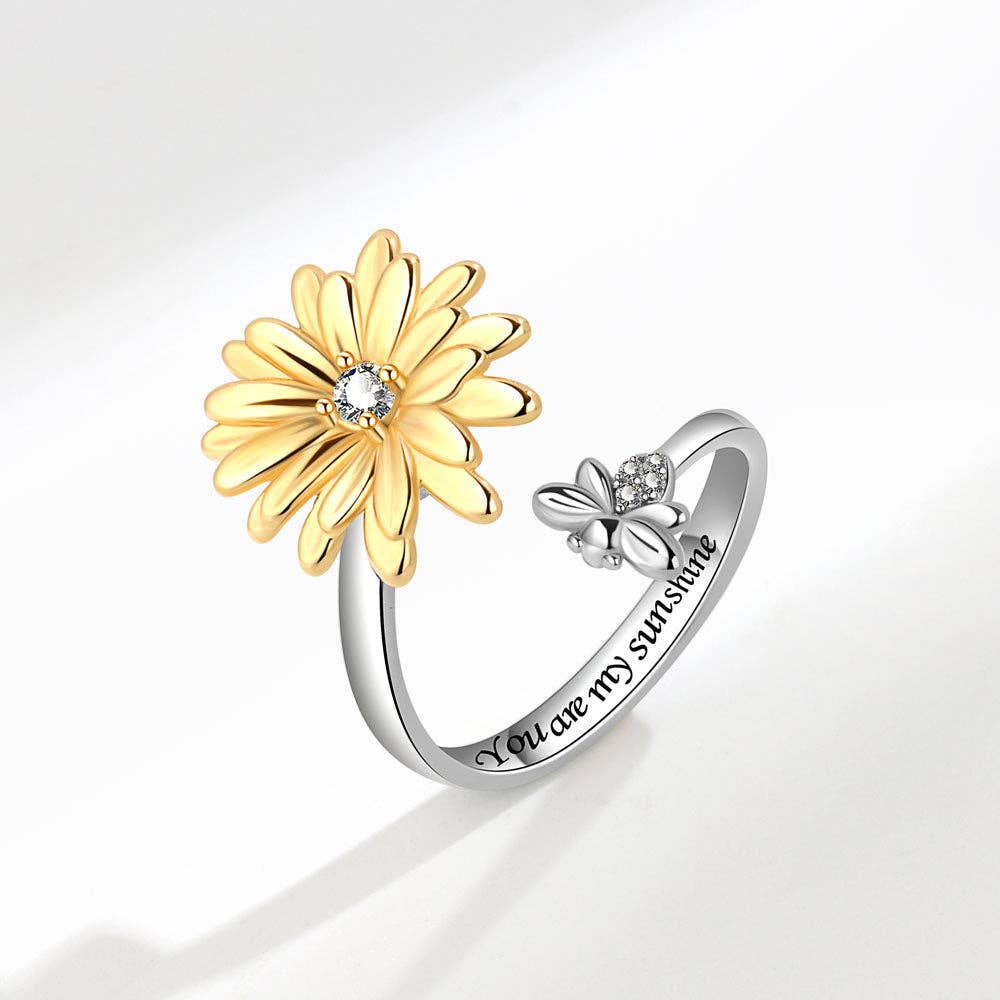 Daisy Flower Bee Anxiety Fidget Spinner Ring in Solid Copper: Silver
