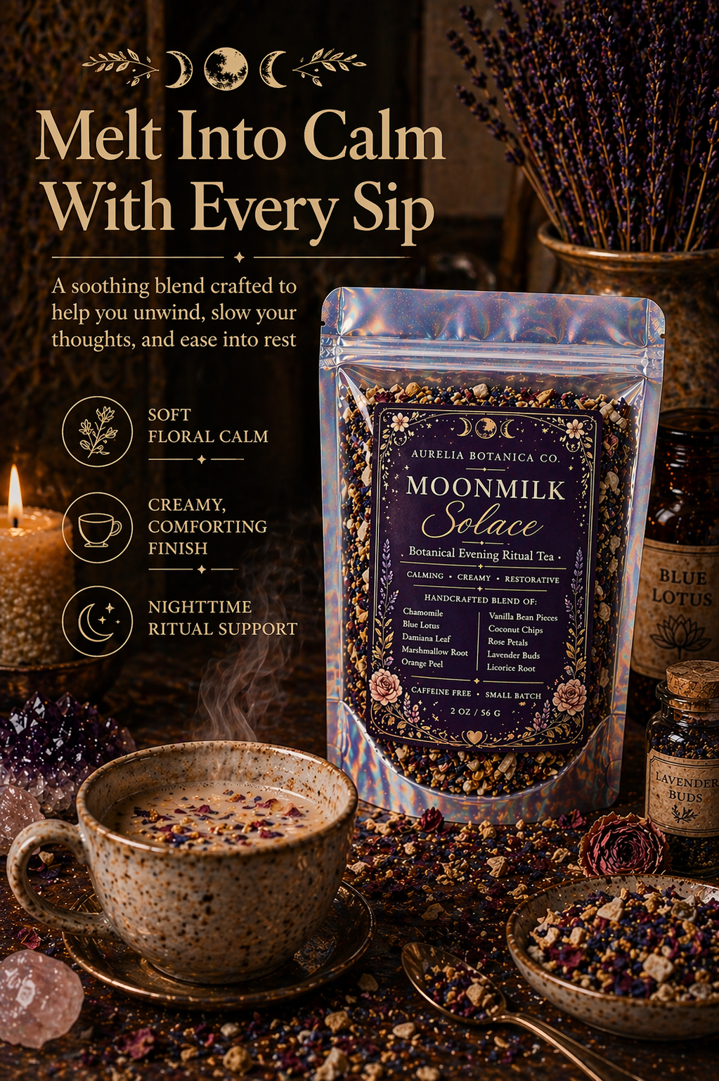 Moonmilk Solace Ritual Tea | Blue Lotus & Damiana | Nighttime Euphoria: Apothecary Jar