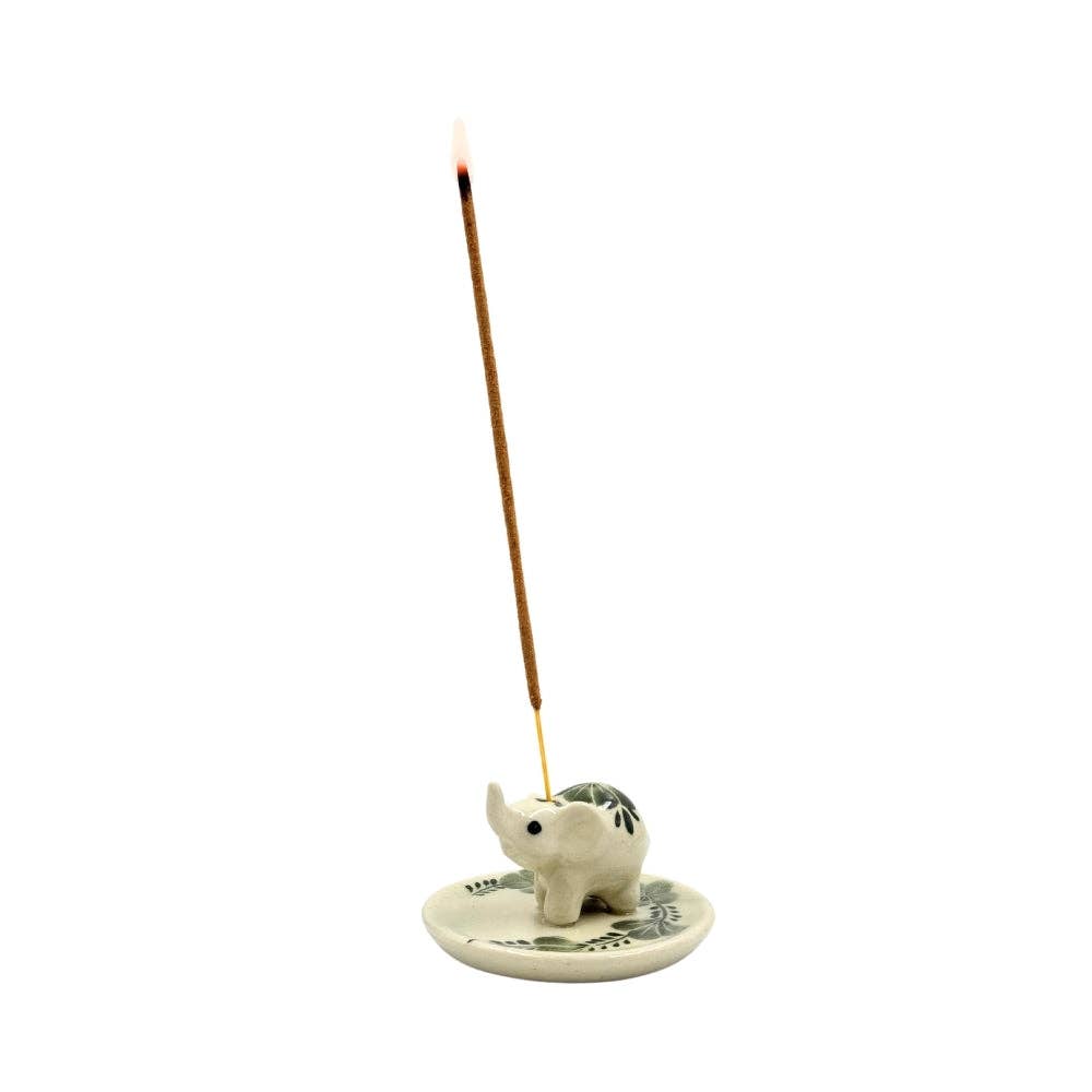 Elephant Floral on Round Ceramic Incense Holder - Assorted