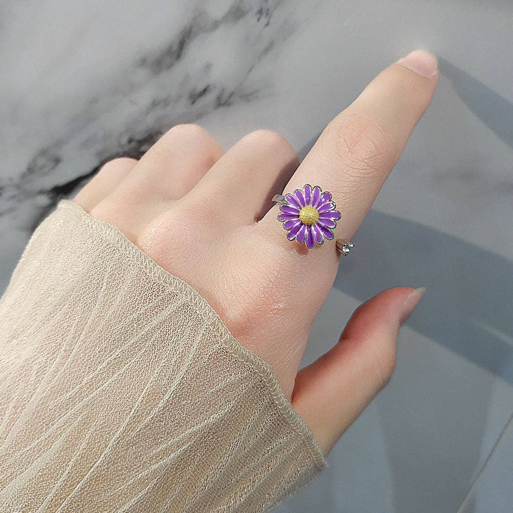 White Daisy Flower Anxiety Fidget Spinner Ring in Solid Copper